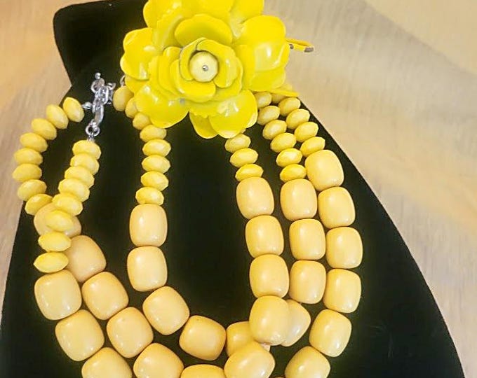 70's Yellow Wooden Triple Strand Necklace & Matching Metal Yellow Rose Bracelet