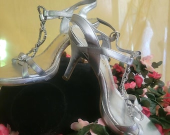 Vintage 80's Mod Silver Platform Sandals Rhinestone Hoops *Prom *Wedding *Cocktail