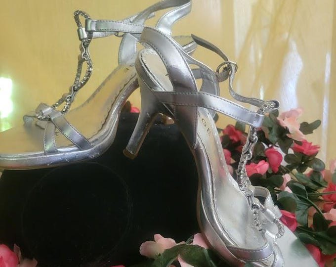 Vintage 80's Mod Silver Platform Sandals Rhinestone Hoops *Prom *Wedding *Cocktail