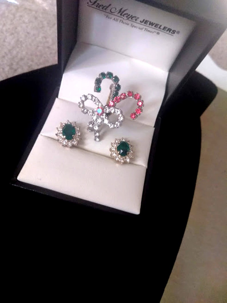 Vintage Candy Cane Pin and Emerald Rhinestone Earrings