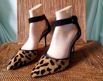 Vintage Suede Leopard Ankle-Strap Pointed Toe Pumps