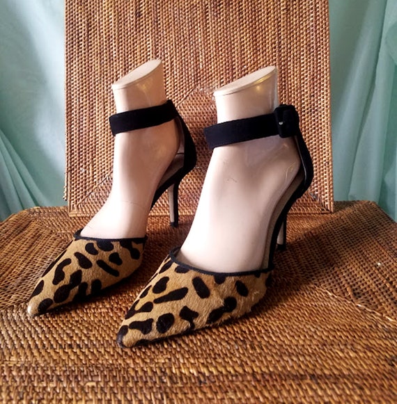 Vintage Suede Leopard Ankle-Strap Pointed Toe Pump