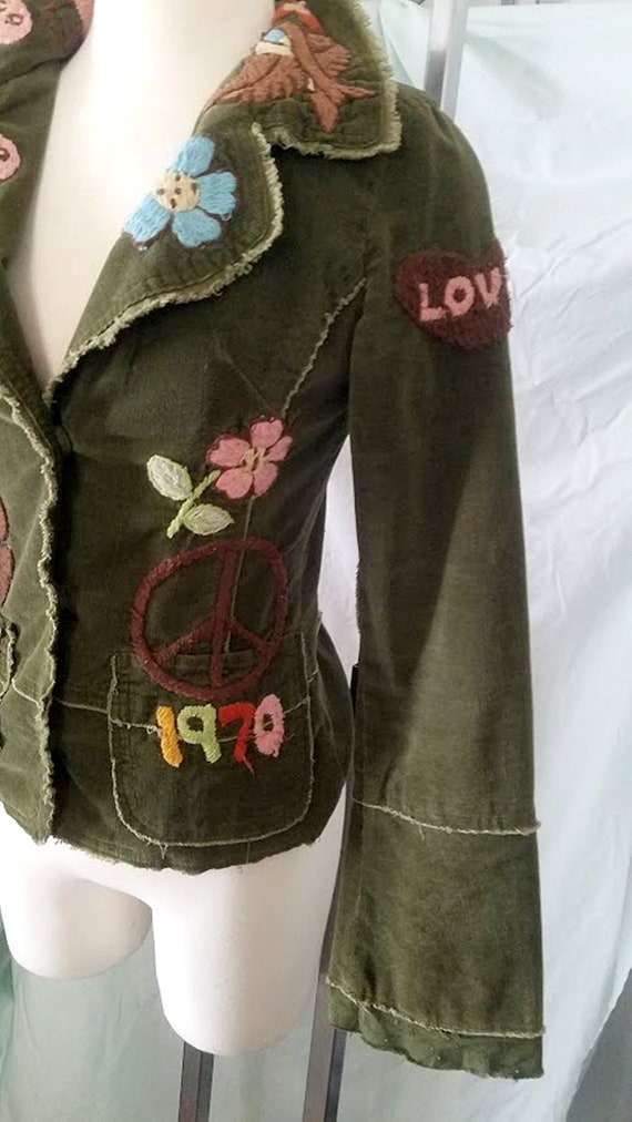 Y2K Embroidered Corduroy Hippie Blazer- Peace Sig… - image 3