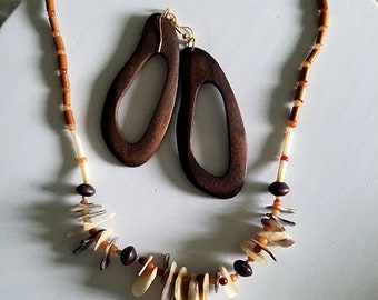 Vintage Tribal Shell Beaded Necklace and Wooden Earrings Set
