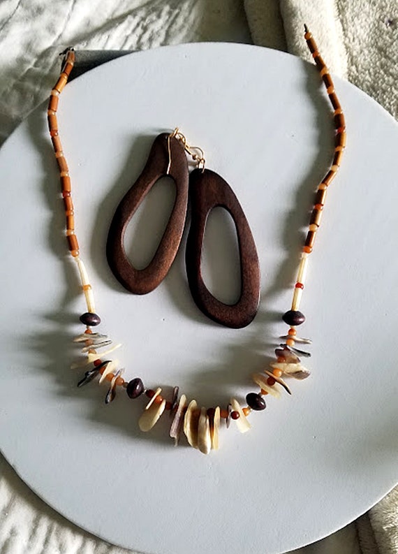 Vintage Tribal Shell Beaded Necklace and Wooden Ea
