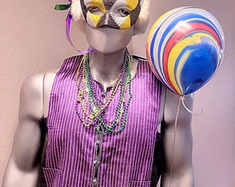Vintage 80's Handmade Purple Striped Satin Vest, Mardi Gras, Gangster, Gatsby