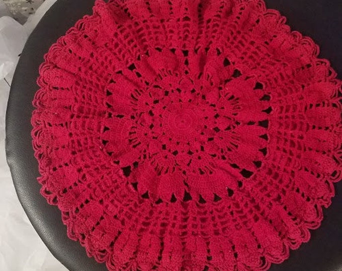 Large Vintage Hand Crocheted Red Doily