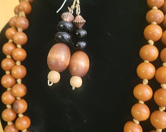 Long Handmade Wooden Beads Necklace and Matching Earrings