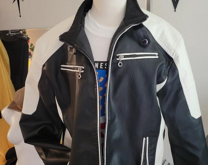 Pristine Y2K Black & White Vegan Leather Mod Moto Jacket