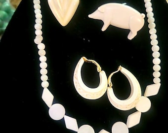 Vintage Collection of Ivory/Bone Style Necklace, Piglet Pin, Ring & Trifari Clip-On Earrings