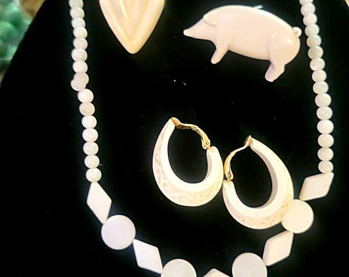 Vintage Collection of Ivory/Bone Style Necklace, Piglet Pin, Ring & Trifari Clip-On Earrings