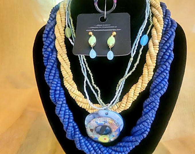 Six Piece Upcycled Vintage Ensemble in Mellow Yellow & Bohemian Blue * Wood, Glass, Shell, Resin
