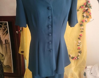 Vintage 90's Polyester Pantsuit Teal Green- Office to Cocktails - Dressy Size 8 Petite