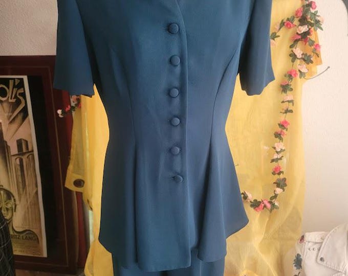 Vintage 90's Polyester Pantsuit Teal Green- Office to Cocktails - Dressy Size 8 Petite