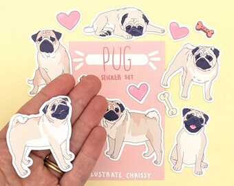 Mopsenstickerset: schattige waterdichte stickers