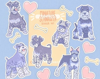 Peut inclure: Un ensemble de dix autocollants de schnauzer miniatures. Les autocollants sont illustrés dans un style cartoon et présentent différentes poses des chiens. Les autocollants sont parfaits pour ajouter une touche de personnalité aux ordinateurs portables, aux bouteilles d'eau et à d'autres surfaces.