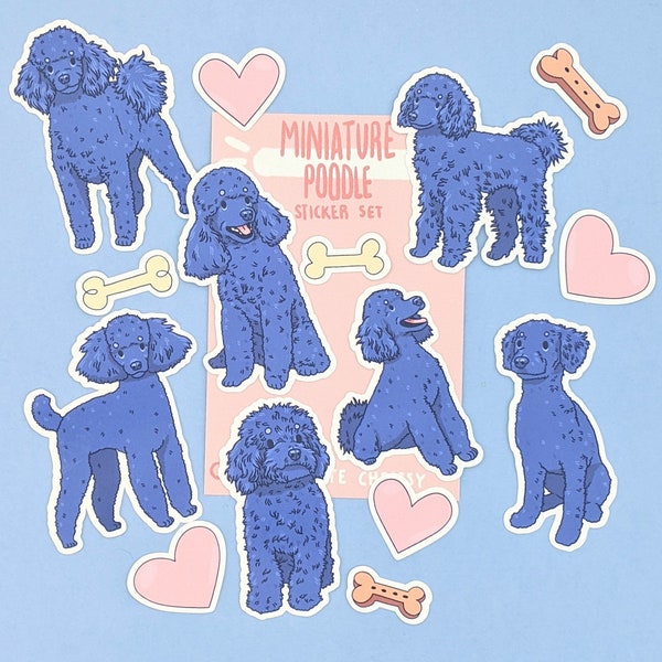 Miniature Blue Poodle Stickers - Cute Dog Sticker Set - Blue Mini Poodle