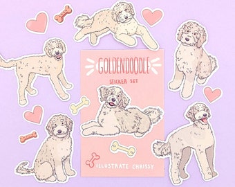 Könnte beinhalten: Ein Sticker-Set mit Illustrationen von Goldendoodle-Hunden in verschiedenen Posen. Die Sticker sind auf einem rosa Hintergrund mit dem Text "Golden Doodle Sticker Set" und "Illustrate Chrissy".