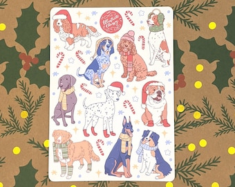 May include: A sheet of stickers featuring illustrations of dogs wearing festive holiday attire. The stickers feature a variety of dog breeds, including a dalmatian, a bulldog, a bloodhound, and a doberman. The stickers are perfect for adding a touch of holiday cheer to your gifts, cards, or other crafts.