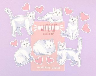 Short Hair White Cat Stickers - Cat Sticker Set