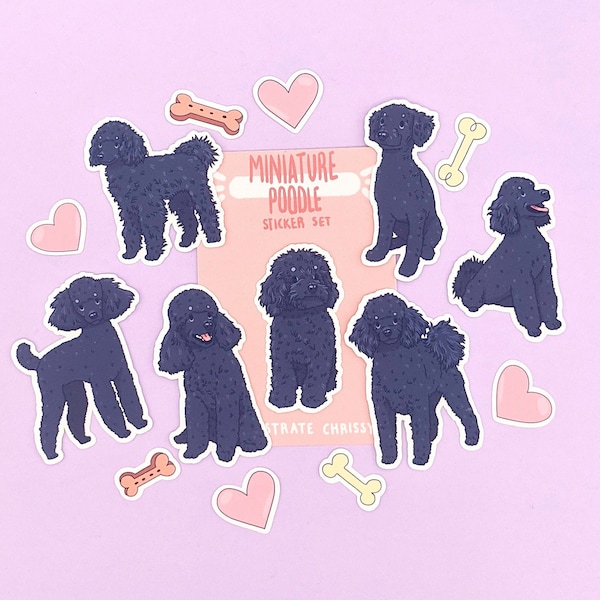 Miniature Black Poodle Stickers - Cute Dog Sticker Set - Black Mini Poodle