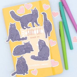 Long Hair Gray Cat Stickers - Cat Sticker Set