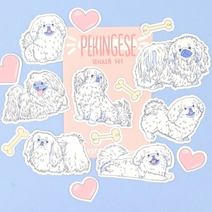 White Pekingese Stickers - Cute Dog Stickers - Cartoon Sticker Set - Toy Dog Stickers