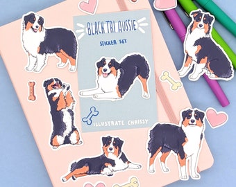 Black Tri Australian Shepherd Stickers - Tricolor Aussie Dog Sticker Set