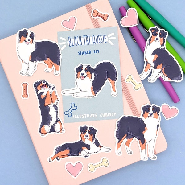 Black Tri Australian Shepherd Stickers - Tricolor Aussie Dog Sticker Set