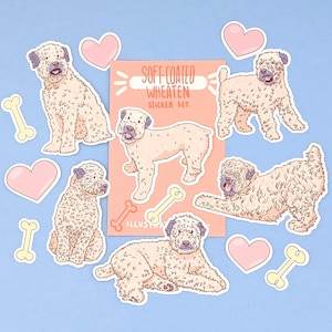 Op de afbeelding: Een set stickers met illustraties van soft-coated wheaten terriers in verschillende poses. De stickers zijn op een roze achtergrond met de tekst "Soft-Coated Wheaten Sticker Set".