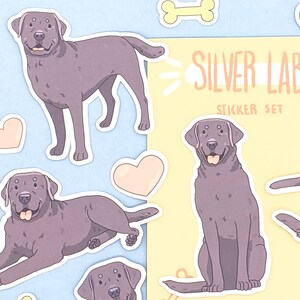 Pu&ograve; includere: Un set di adesivi con illustrazioni di un cane Labrador Retriever in varie pose. Gli adesivi sono in tonalit&agrave; di grigio e marrone, su uno sfondo azzurro e giallo. Il testo "Silver Lab Sticker Set" &egrave; visibile.