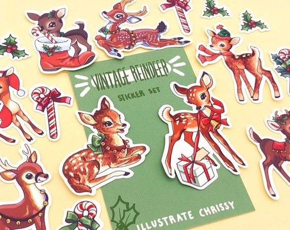 Retro Christmas Sticker Pack. Vintage Reindeer Stickers.