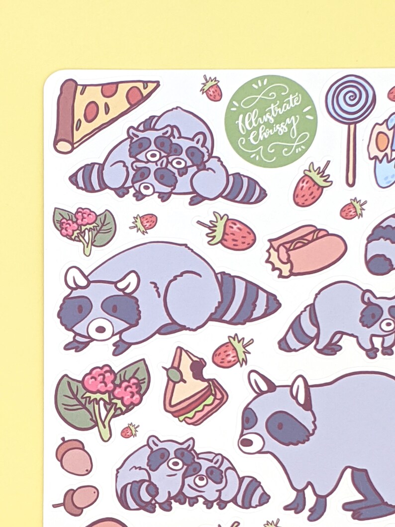 May include: A sheet of stickers featuring cartoon raccoons, pizza, strawberries, and other food items. The stickers have a light purple and gray color scheme with a white background. The text "illustrate Chrissy" is on a green circle.