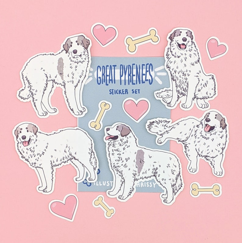 Set of 5 Great Pyrenees stickers in various poses. The Great Pyrenees have some light gray markings on them. Also included are four dog bone stickers and four pink heart stickers