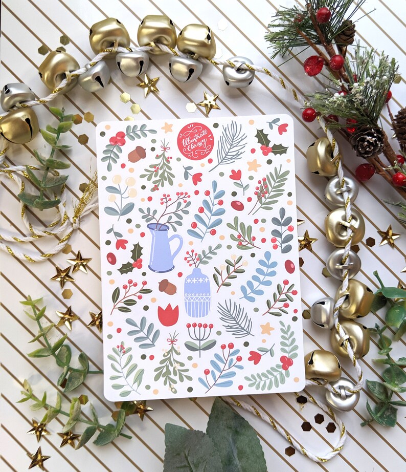 May include: A white card with a festive Christmas pattern featuring red berries, green leaves, blue vases, and a red circle with the text "Celebrate Christmas".