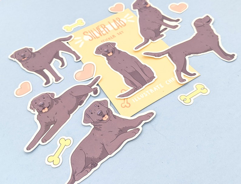 Pu&ograve; includere: Un set di adesivi con illustrazioni di Labrador Retriever argentati in varie pose, insieme ad adesivi a forma di osso e cuore. Gli adesivi sono disposti su una superficie azzurra, con una scheda gialla che recita "Silver Lab Sticker Set".