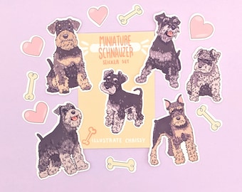 Peut inclure: Un ensemble d'autocollants de schnauzer miniatures représentant différentes poses de chiens, notamment assis, debout et en train de marcher. Les autocollants sont sur un fond violet clair avec des cœurs et des os. Le texte "Miniature Schnauzer Sticker Set" et "Illustrate Chrissy" est également inclus.