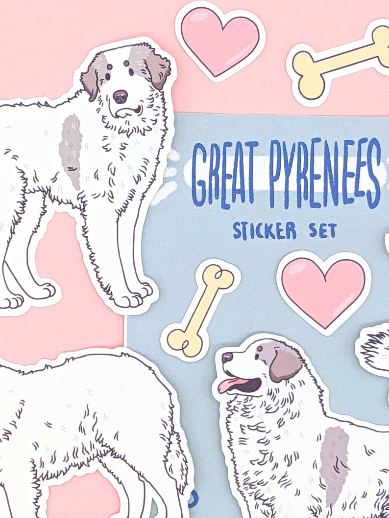 May include: A sticker set featuring Great Pyrenees dogs. The set includes two different illustrations of the dogs, a heart, and a bone. The stickers are on a pink and blue background with the text "Great Pyrenees Sticker Set".