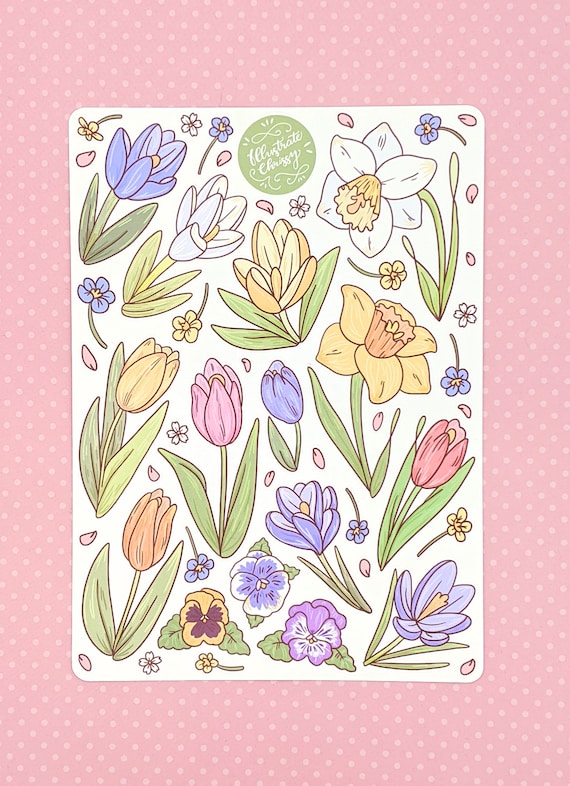 Spring Flower Sticker Sheet Cute Sticker Sheet Pretty Flower Stickers  Spring Stickers Floral Stickers 