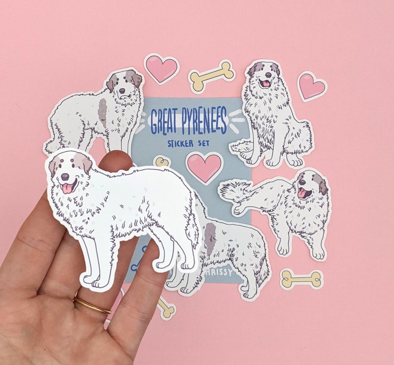 May include: A set of Great Pyrenees dog breed stickers. The stickers feature illustrations of dogs in various poses, including sitting, standing, and running. The stickers are printed on white paper with a glossy finish. The stickers are perfect for adding a touch of personality to laptops, water bottles, notebooks, and more.