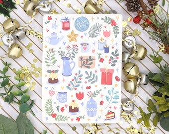 May include: A white sticker sheet with a variety of Christmas-themed illustrations. The illustrations include a Christmas tree, presents, a stocking, a bell, a candy cane, a gingerbread man, a snowman, and a Santa Claus. The text "Illustrated Christmas" is printed on the sticker sheet.