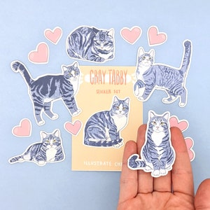 Short Hair Gray and White Tabby Cat Stickers - Cat Sticker Set