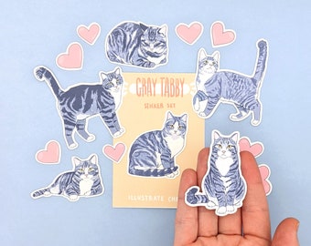 Short Hair Gray and White Tabby Cat Stickers - Cat Sticker Set