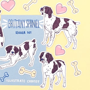 May include: A sticker set featuring illustrations of Brittany Spaniels in various poses. The stickers are on a light blue background with the text "Brittany Spaniel Sticker Set" and "Illustrate Chrissy". The stickers are surrounded by pink hearts and white bone-shaped stickers.