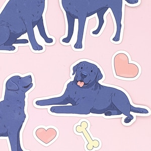 Pu&ograve; includere: Quattro adesivi di cani Labrador Retriever blu su uno sfondo rosa. Due dei cani sono seduti, uno &egrave; in piedi e uno &egrave; sdraiato. Ci sono due cuori rosa e un adesivo di osso giallo sullo sfondo.