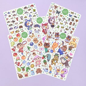 May include: A set of five colorful sticker sheets featuring characters from the Animal Crossing video game series. The stickers are on a white background with a green border. The stickers feature a variety of characters, including Tom Nook, Isabelle, and K.K. Slider. The stickers are perfect for decorating laptops, water bottles, and other personal items.