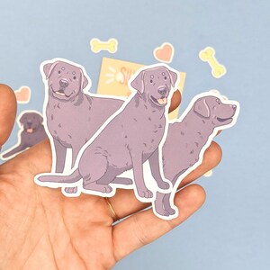 Pu&ograve; includere: Una collezione di adesivi di Labrador Retriever viola in varie pose, tra cui seduto e in piedi. Gli adesivi sono circondati da piccoli adesivi a forma di cuore e osso, su uno sfondo azzurro.