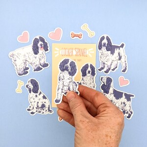May include: A sticker set featuring Cocker Spaniel illustrations in white and blue, with pink hearts and bone-shaped stickers on a light blue background. The set includes a card with the words "Cocker Spaniel" printed on it.