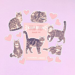 May include: A set of brown tabby cat stickers with pink hearts. The stickers feature different poses of the cats, including sitting, lying down, and walking. The text "Brown Tabby Sticker Set" is printed on a white background.