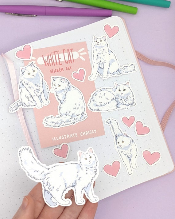 Long Hair White Cat Stickers - Waterproof Cat Sticker Set